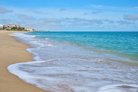 Breaking waves on a sandy beach, sunny, near Tarragona, Catalonia, Spain, Europe