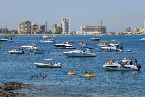 Sailing boats at Cabo de Palos, in the background the village La Manga del Mar Menor, Province of