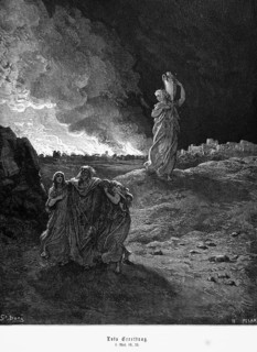 Bible, Lot's salvation, Genesis 19, 23, fire, city of Sodom, daughters, landscape, water jug, Lot,