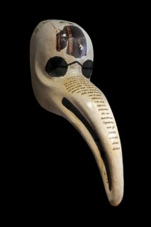 Close-up of Italian bird-like beak mask for plague doctor to treat victims of bubonic plague during