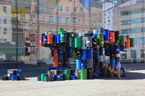 In the historic centre of Nuremberg, art with barrels in front of the Neues Museum Nuremberg, State