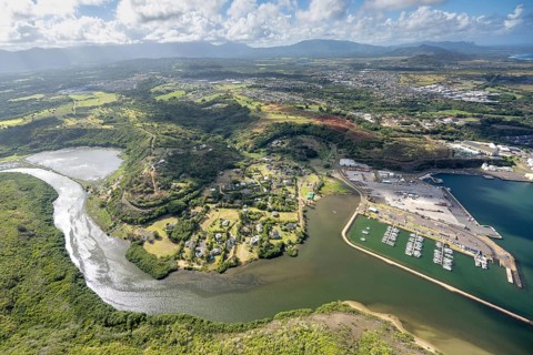 Aerial view of Lihue Harbour, Kauai, Hawaii, USA, North America