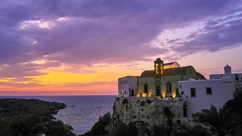 Dusk, sunset, cloudy sky, artificial lights, Chrissoskalitissa, rock monastery, Orthodox monastery,