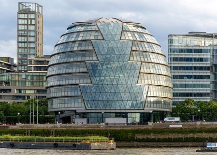 Modern architecture of City Hall building, Southwark, London, England, UK architect Norman Foster