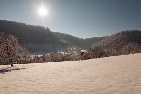 Bright blue sky in winter on the Swabian Alb near Neidlingen with a view of the Reussenstein castle