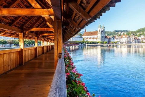 Chapel Bridge town on the river Reuss with bridge in Lucerne, Switzerland, Europe