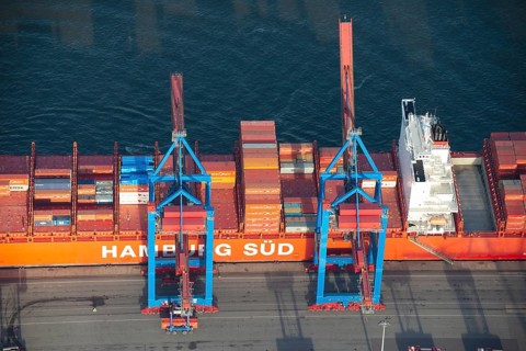 Aerial view of the container ship of the shipping company Hamburg Süd the Santa Teresa at the