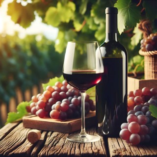 Food and drink background with red wine, fresh grapes and wine bottle. AI Generated, AI generated