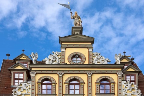 Statue of a Landsknecht on the Haus zum Roten Ochsen, a very beautiful Renaissance building on the