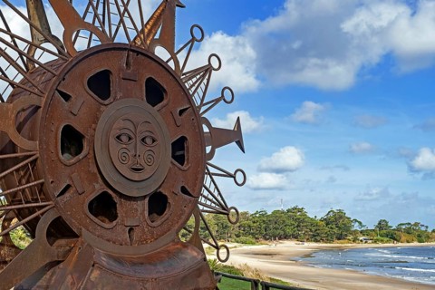 Sun sculpture by Agó Paez Vilaró on the beach at Atlántida, seaside resort town along the Costa de