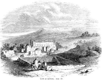 Pond at Hebron, landscape, mountains, horse, rider, city wall, trees, Judea, West Bank, Bible, Old
