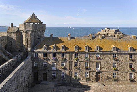 Historic building and view from rampart over Fort National at Saint-Malo, Brittany, France, Europe