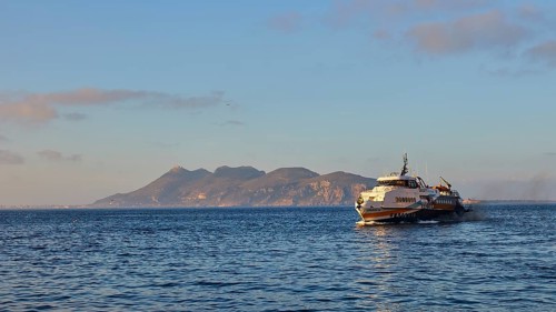 Morning light, hydrofoil, hydrofoil, Liberty Lines, Carmen M., Favignana Island, Levanzo town, main