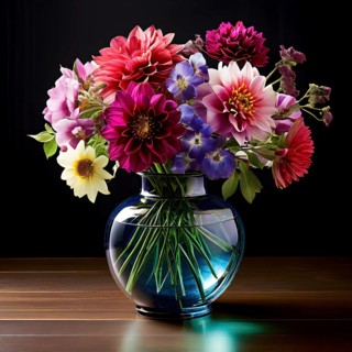 Transparent crystal glass vase with vibrant blooming flowers, AI generated