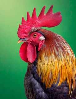 Rooster (Gallus gallus domesticus), male domestic fowl, portrait, cropped image, AI generated, AI