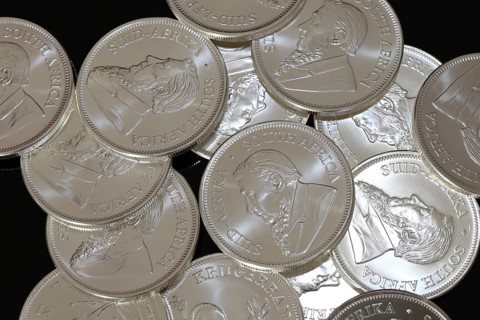 Close-up of Krugerrand silver coins