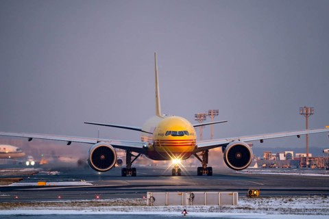 DHL, AeroLogic, Boeing 777F, on the taxiway to Runway West, Frankfurt FRA Airport, Fraport, in