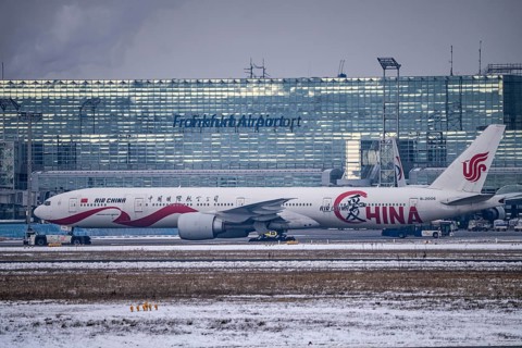 Aircraft on the taxiway at Frankfurt FRA airport, Fraport, in winter, Hesse, Germany, Europe