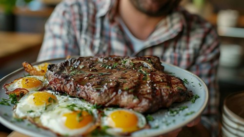 Man holding out A plate filled with steak and eggs. generative AI, AI generated