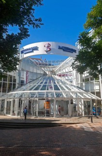 Modern glass and steel architecture of the Buttermarket shopping centre in the town centre of