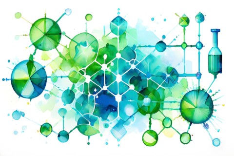 Abstract painting of chemical structure of thc and cbd interlocking geometric shapes, AI generated