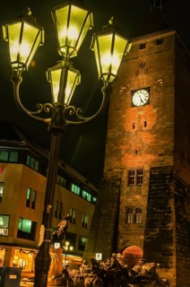 Nuremberg, White Tower illuminated by streetlights at night, Bavaria, Germany, Europe