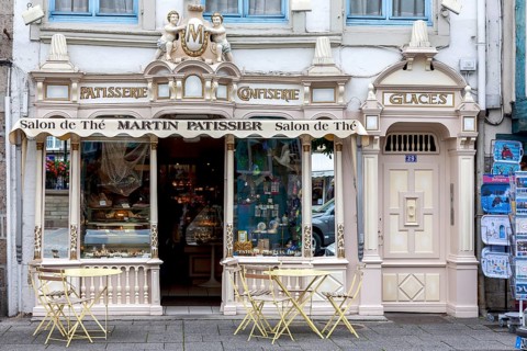 Place des Otages, shop window of an old patisserie confectionery, Morlaix Montroulez, Finistere