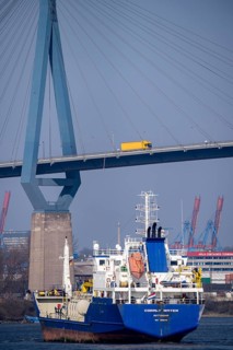 The Köhlbrand Bridge in the port of Hamburg, tanker Cobalt Water, spans the 325 m wide Köhlbrand,