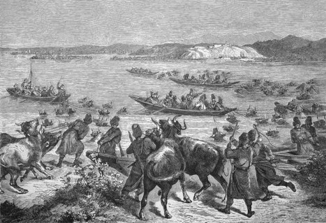 Circassians and Bashi-Bozuks bring stolen cattle from Romania across the Danube to the Turkish