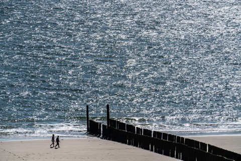 Strollers on the beach near Zoutelande, breakwater, province of Zeeland, Walcheren peninsula,
