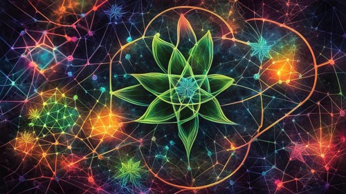 Abstract painting of chemical structure of thc and cbd interlocking geometric shapes, AI generated