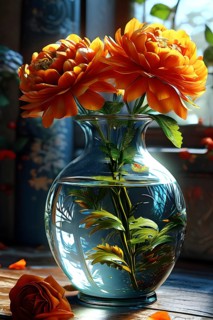 Transparent crystal glass vase with vibrant blooming flowers, AI generated