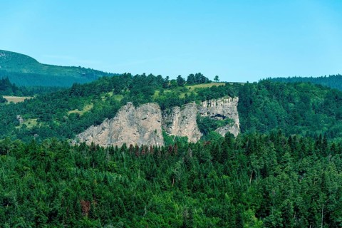 Majestic Dent du Marais overlooking Lac Chambon in Parc Naturel Régional des Volcans d'Auvergne,