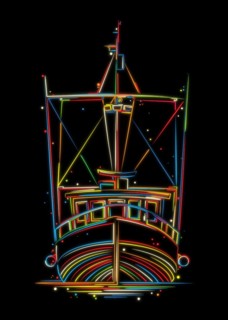 Front view of a fishing vessel, trawler or ship tug in colors over black background.Stylized hand