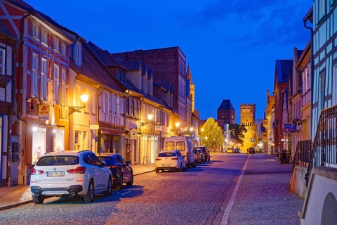 The Lange Straße with half-timbered houses and other old buildings, covered with cobblestones,