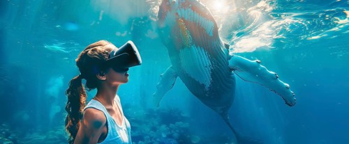 Woman wearing VR headset is looking at a whale in the ocean. Concept of virtual reality and gaming,
