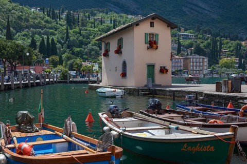 Rowing boats in the harbour, Old Customs House, Torbole, Lake Garda, Trentino, Italy, Europe