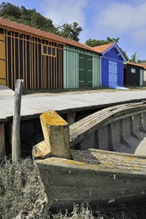 Colourful cabins of oyster farm at la Baudissière near Dolus, Saint-Pierre-d'Oléron on the island