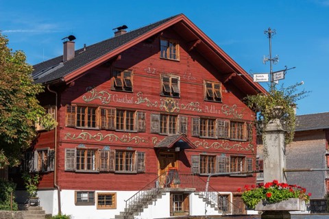 Schwarzenberg, village square with fountain, historic inn from 1765, facade, inscription, Bregenz