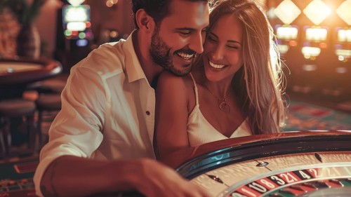 Attractive couple playing roulette at casino table, gambling money and placing bets, AI generated