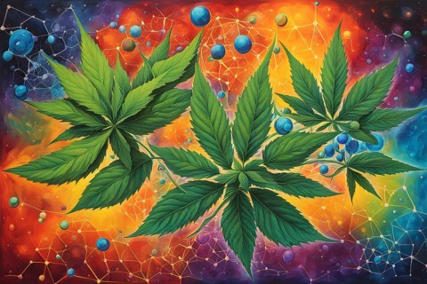 Abstract painting of chemical structure of thc and cbd interlocking geometric shapes, AI generated