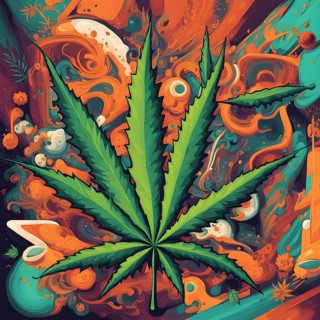 Abstract composition of a cannabis cafe with ambiance bold contrasting colors and playful shapes,