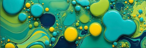 Abstract wallpaper with colorful blobs and liquid shapes on a green background, AI generated