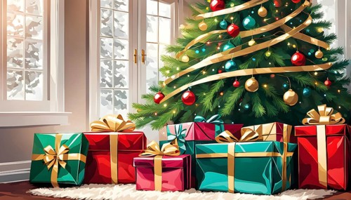 Abstract illustration of wrapped Christmas gifts, shiny ribbons and bows, stacked under a evergreen