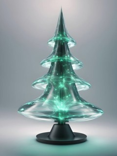 A three dimensional rendering of a futuristic Christmas tree made of glowing, semi-transparent