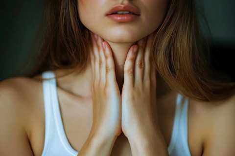 Woman holding hands to throat. Generative AI, AI generated