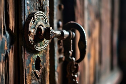 Detail of an old rusted lock on a wooden door, AI generated
