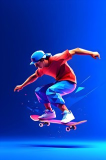 Skateboarder in dynamic jump abstracted into fluid shapes that capture elegance and dynamic in