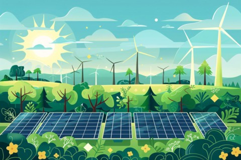 Renewable energy concept illustration with wind turbines and solar panels. KI generiert, generiert,