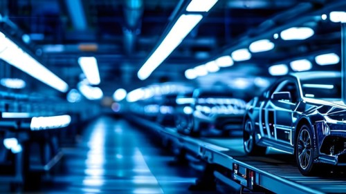 AI generated automotive assembly line in car manufacturing progression with automated machines